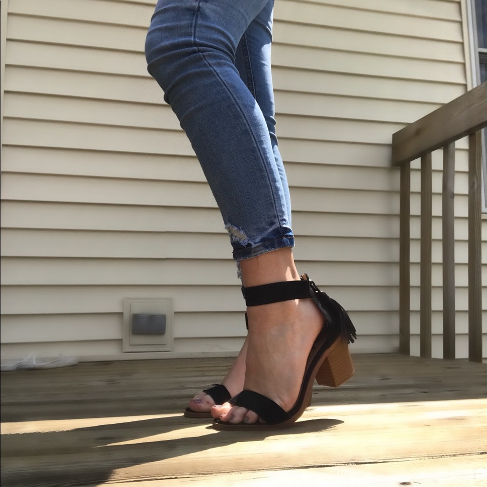 Black Tassel Zipper Heeled Sandals
